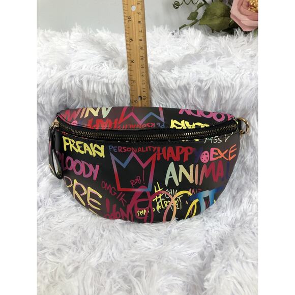 Black Fanny Pack Colorful Graffiti Print Matching Adjustable Strap Zip Closure - Picture 7 of 7